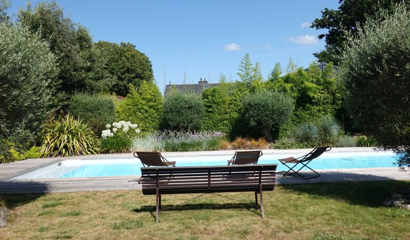 Un banc face à l’eau, à l’ombre des oliviers